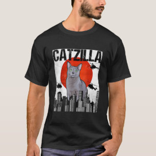 T-shirt Drôle Vintage Japonais Catzilla Russe Bleu Chat