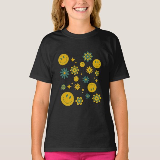 T-shirt drôle visage sourire et fleurs super (Devant)