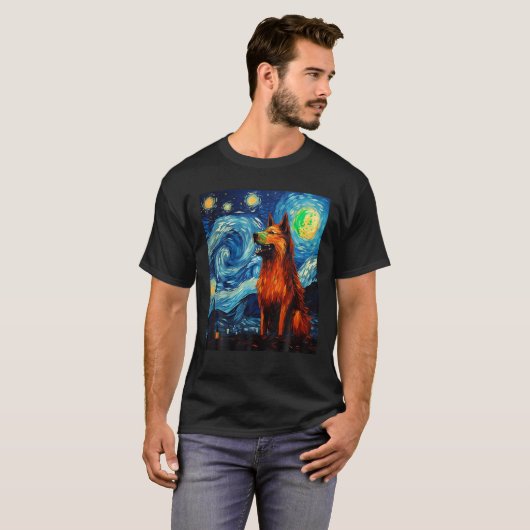 T-shirt Drôle Wolf peinture amoureux des chiens Starry Nig (Devant entier)