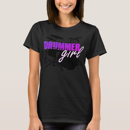 T-shirt Drummer Girl mignonne texte violet et blanc (Devant)