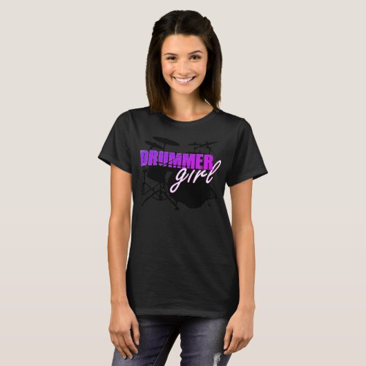 T-shirt Drummer Girl mignonne texte violet et blanc (Devant entier)