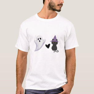 T-shirt Duo Halloween Adorable Fantôme Amical et Chat Noir