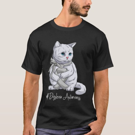 T-shirt Dyslexia Awareness Month Silver Ribbon Cat (Devant)