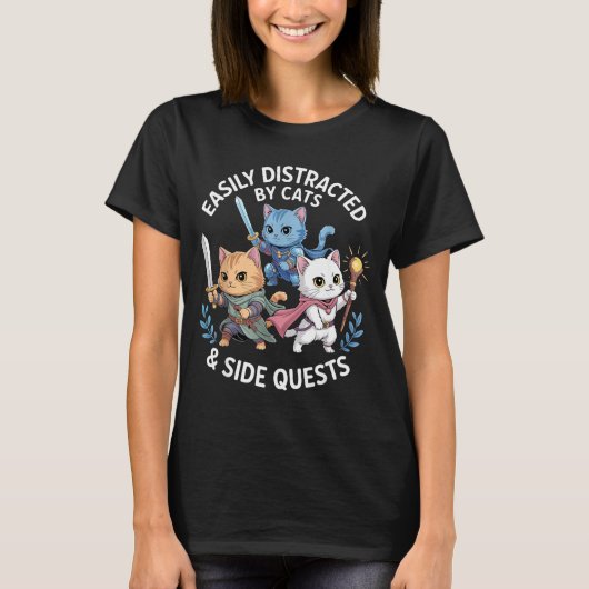 T-shirt Easily Distracted By Cats & Side Quests Funny (Devant)