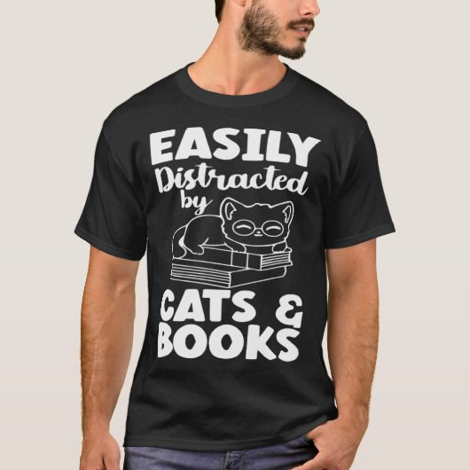 T-shirt Easily Distracted By Cats And Books Cat  Bookworm (Devant)