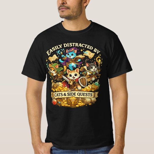 T-shirt Easily Distracted by Cats & Side Quests Funny RPG (Devant)