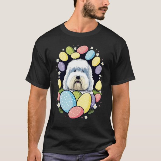 T-shirt Easter Bobtail Bunny Eggs Dog on Easter Old Englis (Devant)