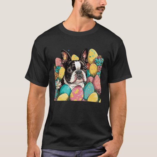 T-shirt Easter Boston Terrier Spring Flower Dog Paint Spl (Devant)
