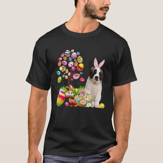 T-shirt Easter Bunny Saint Bernard Dog Ear Tree Egg Basket (Devant)