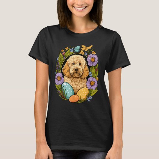 T-shirt Easter Golden Doodle Bunny Eggs Dog on Easter Gold (Devant)