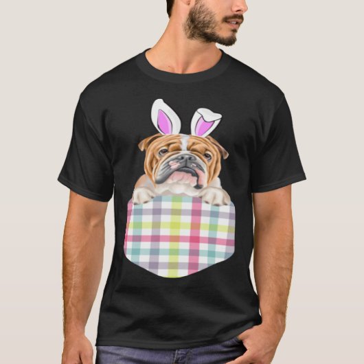 T-shirt Easter Plaid Bulldog Bunny Dog In Pocket (Devant)