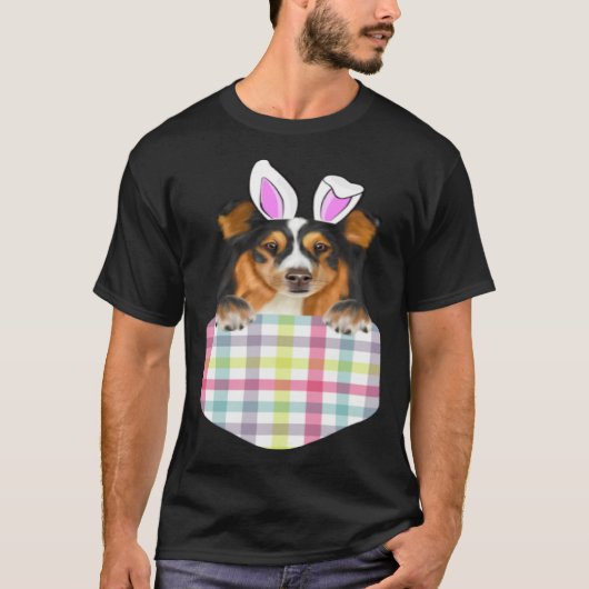 T-shirt Easter Plaid Shetland Sheepdog Bunny Dog In Pocket (Devant)