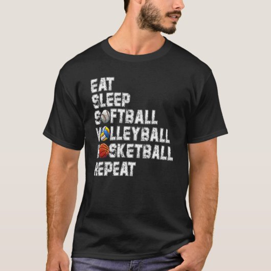 T-shirt Eat Sleep Softball Volleyball Basketball Repeat Ga (Devant)