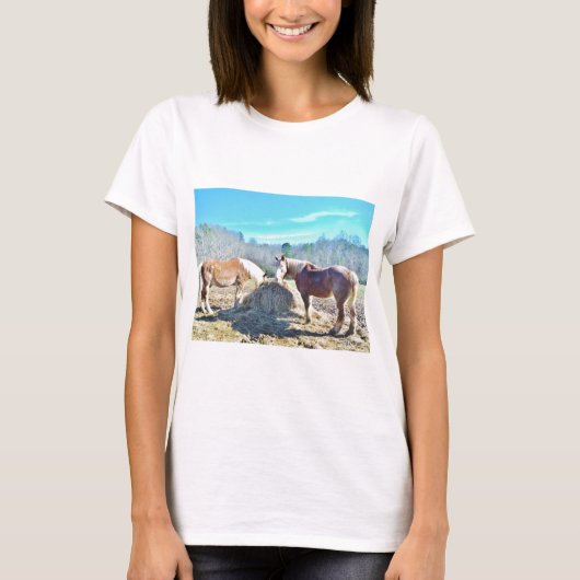 T-shirt Ébauche secourue Chevaux mangeant foin (Devant)