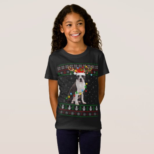 T-Shirt Éclairage de Noël Père Noël Boston Terrier Chien l (Devant entier)