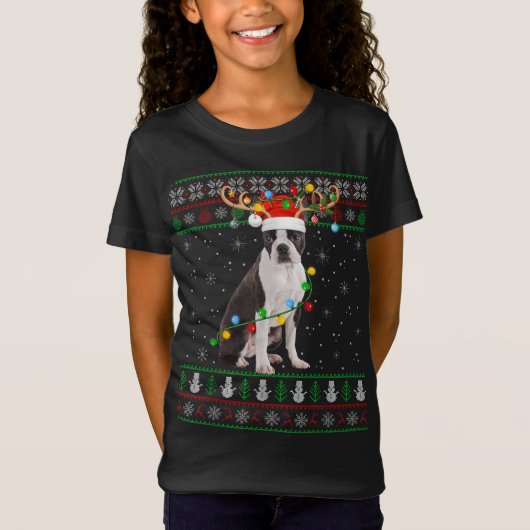 T-Shirt Éclairage de Noël Père Noël Boston Terrier Chien l (Devant)
