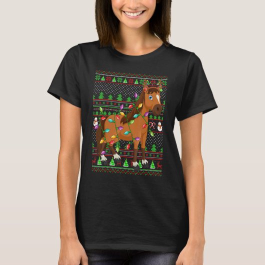 T-shirt Éclairage de style pull de Noël moche Cheval Noël (Devant)