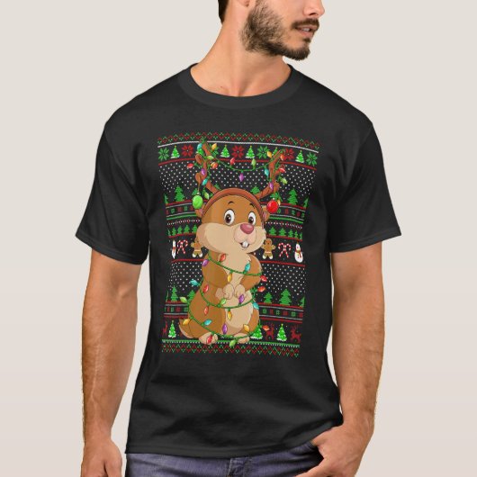 T-shirt Éclairage de style pull de Noël moche Gopher Noël (Devant)