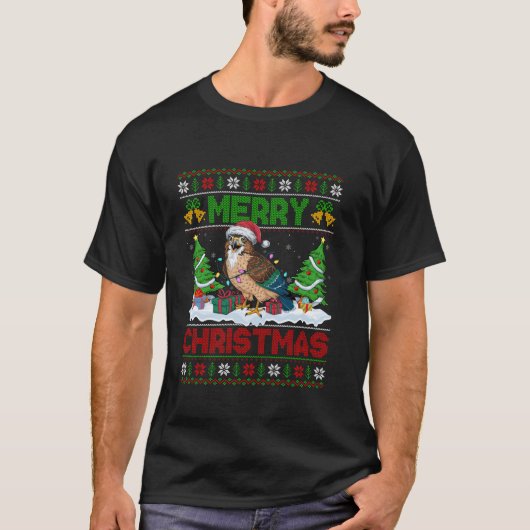 T-shirt Éclairage des arbres de Noël laid Santa Hat Hawk O (Devant)