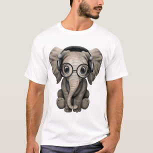 T-shirt Écouteurs de port et verre du DJ d'éléphant mignon