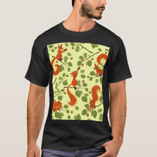 T-shirt Écureuil rouge dans des branches noisettes.