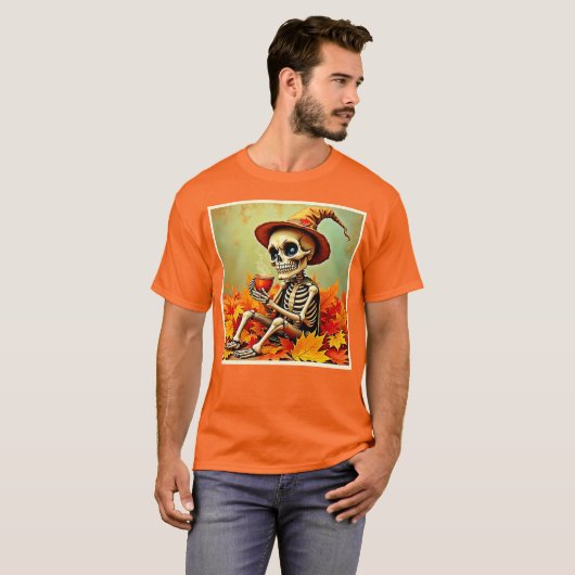 T-shirt Éffrayant Automne Skeleton's Coffee Break Design (Devant entier)