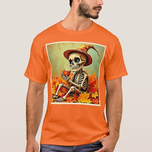 T-shirt Éffrayant Automne Skeleton's Coffee Break Design (Devant)