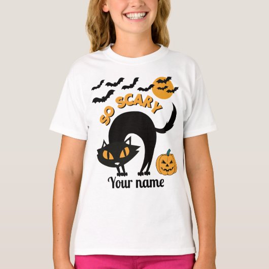 T-shirt effrayant chat noir Nom personnalisé Filles Hallow (Devant)