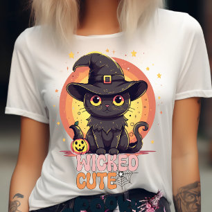 T-shirt Éffrayant Cute Chat Noir Halloween Citrouille d'au