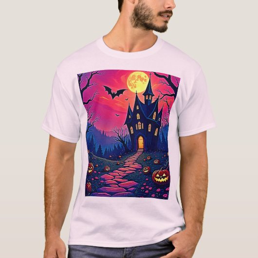 T-shirt Éffrayant Halloween Haunted Mansion Art (Devant)
