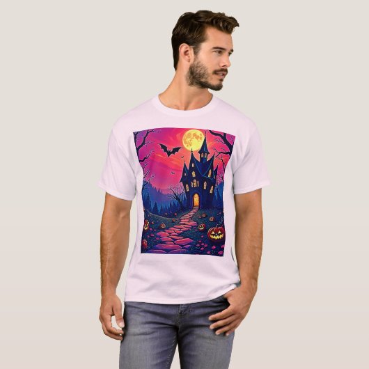 T-shirt Éffrayant Halloween Haunted Mansion Art (Devant entier)