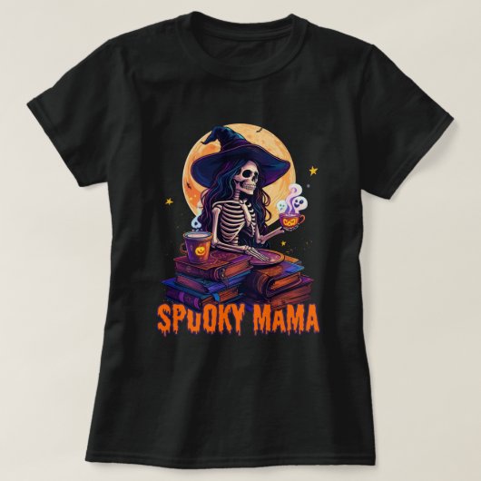 T-shirt Éffrayant Mama Skeleton Lecture Boisson Halloween (Design devant)