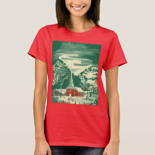 T-shirt Eglise de Noël Vintage, paysage de neige en hiver