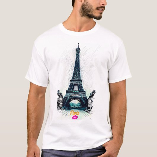 T-shirt Eiffel Tower Sketch Print, Line Drawing, Paris (Devant)