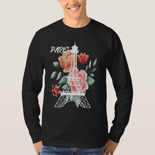 T-shirt Eiffel Tower with Rose Love Paris France Souvenir  (Devant)