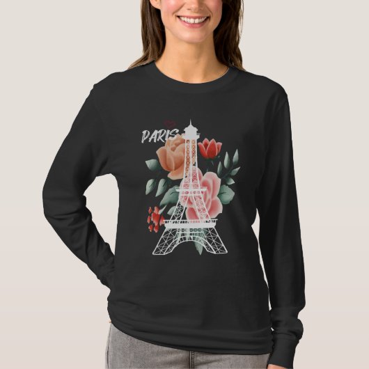 T-shirt Eiffel Tower with Rose Love Paris France Souvenir  (Devant)