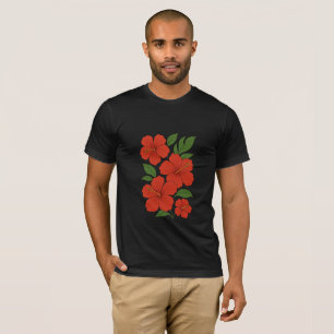 T-shirt Élégance Tropicale Hibiscus Rouge sur Fond Noir