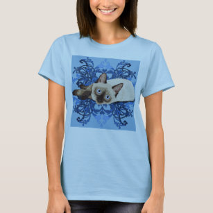 T-shirt Elégant bleu floral chat siamois jolie féline