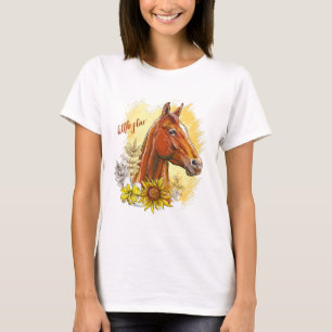 T-shirt Élégant cheval à main avec plantes et fleurs
