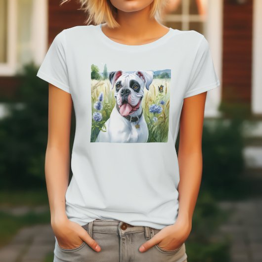 T-shirt Elégant Chien De Boxer Blanc Parmi Les Blooms
