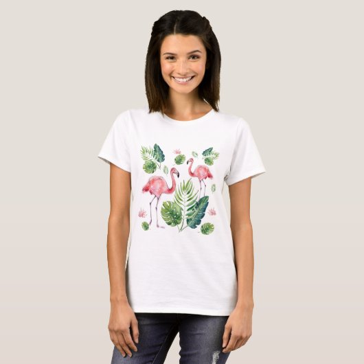 T-shirt Élégant Flamant rose rose Feuilles tropicaux (Devant entier)