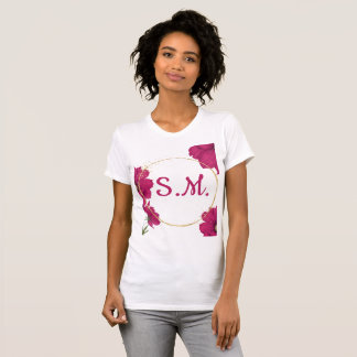 T-Shirt Élégant Fleurs Roses Cercle Doré
