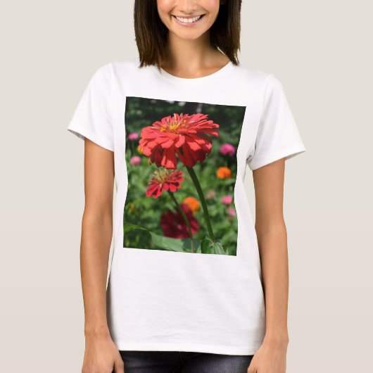 T-shirt Elégant jardin fleuri rouge orangé (Devant)