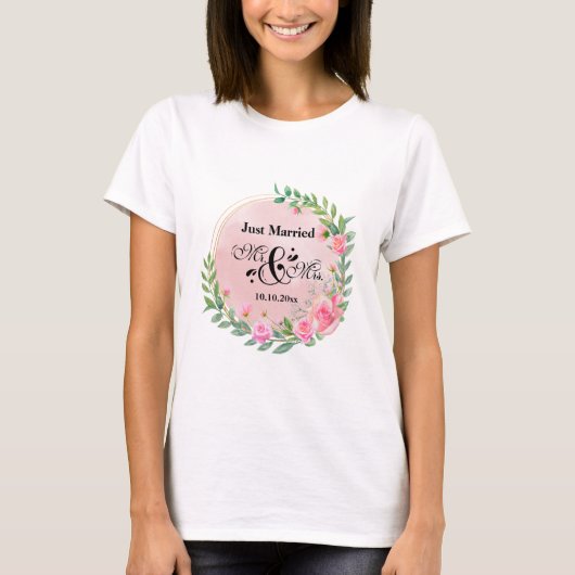 T-shirt Élégant M. et Mme Fleurs Roses Mariage (Devant)