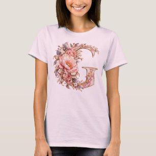 T-shirt Élégant Monogramme Lettre G Fleurie Rose Pâle Pivo