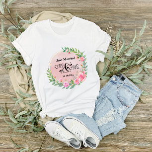 T-shirt Élégant Monsieur et Madame Fleurs Roses Mariage