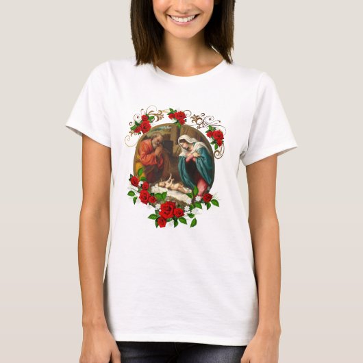 T-shirt Élégant Noël Roses rouges Nativité Sainte Famille (Devant)