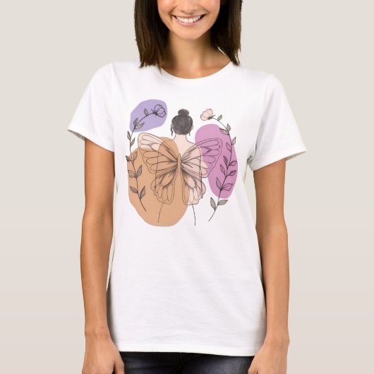 T-shirt Élégant Papillon Fairy Woman Line Art (Devant)