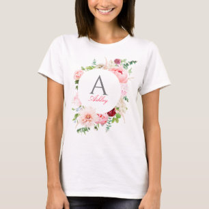 T-shirt Élégant rose floral Circle Nom du cadre Monogramme
