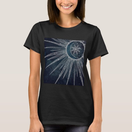 T-shirt Elégant Silver Sun Moon Doodle Mandala Blue Design (Devant)